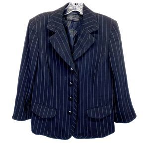 Dana Buchman Blazer Jacket Size 10 Black/Blue Stripe Wool Blend Collared Lined